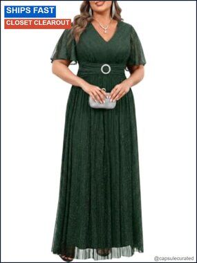 Plus Size Sequin Formal Maxi Dress Short Sleeve A-Line Evening Gown